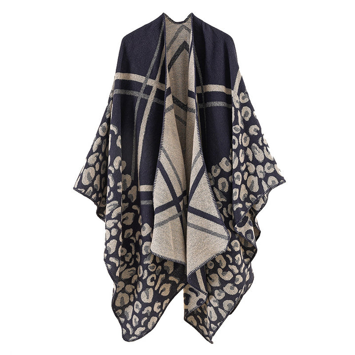 Damen Oversize-Ruana-Poncho mit Jacquardmix, Leoparden- und Karomuster Echo Archiv