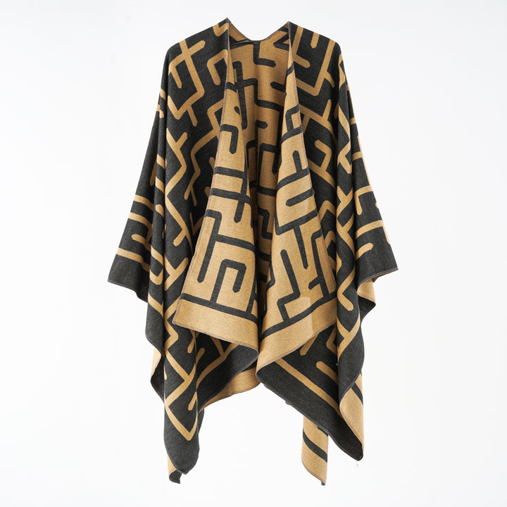 Damen Wendefreundlicher Jacquard-Capeponcho im Oversize mit grafischem Allovermuster Echo Archiv