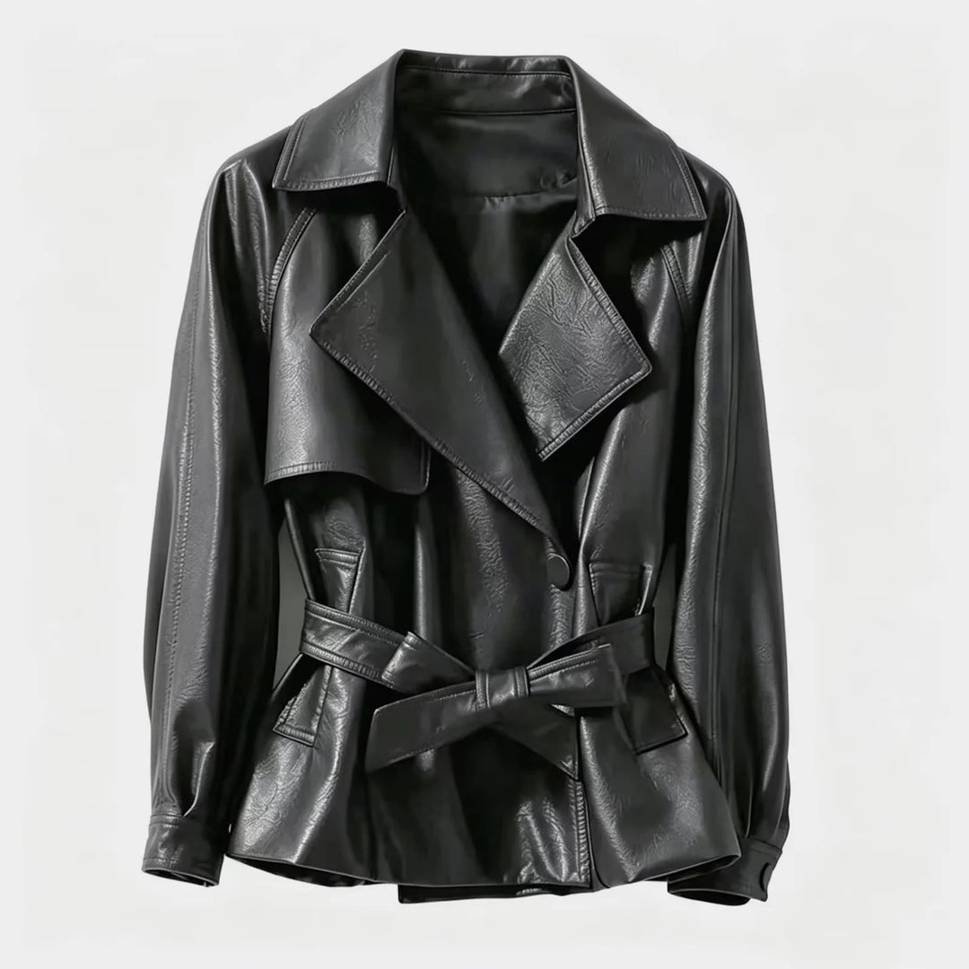Damen taillierter Trenchcoat aus veganem Lederimitat mit weitem Revers und Bindegürtel – Montévia