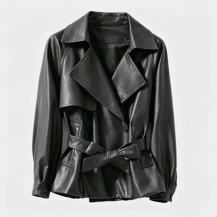 Damen taillierter Trenchcoat aus veganem Lederimitat mit weitem Revers und Bindegürtel – Montévia