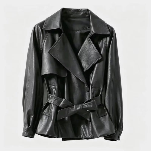 Damen taillierter Trenchcoat aus veganem Lederimitat mit weitem Revers und Bindegürtel – Montévia