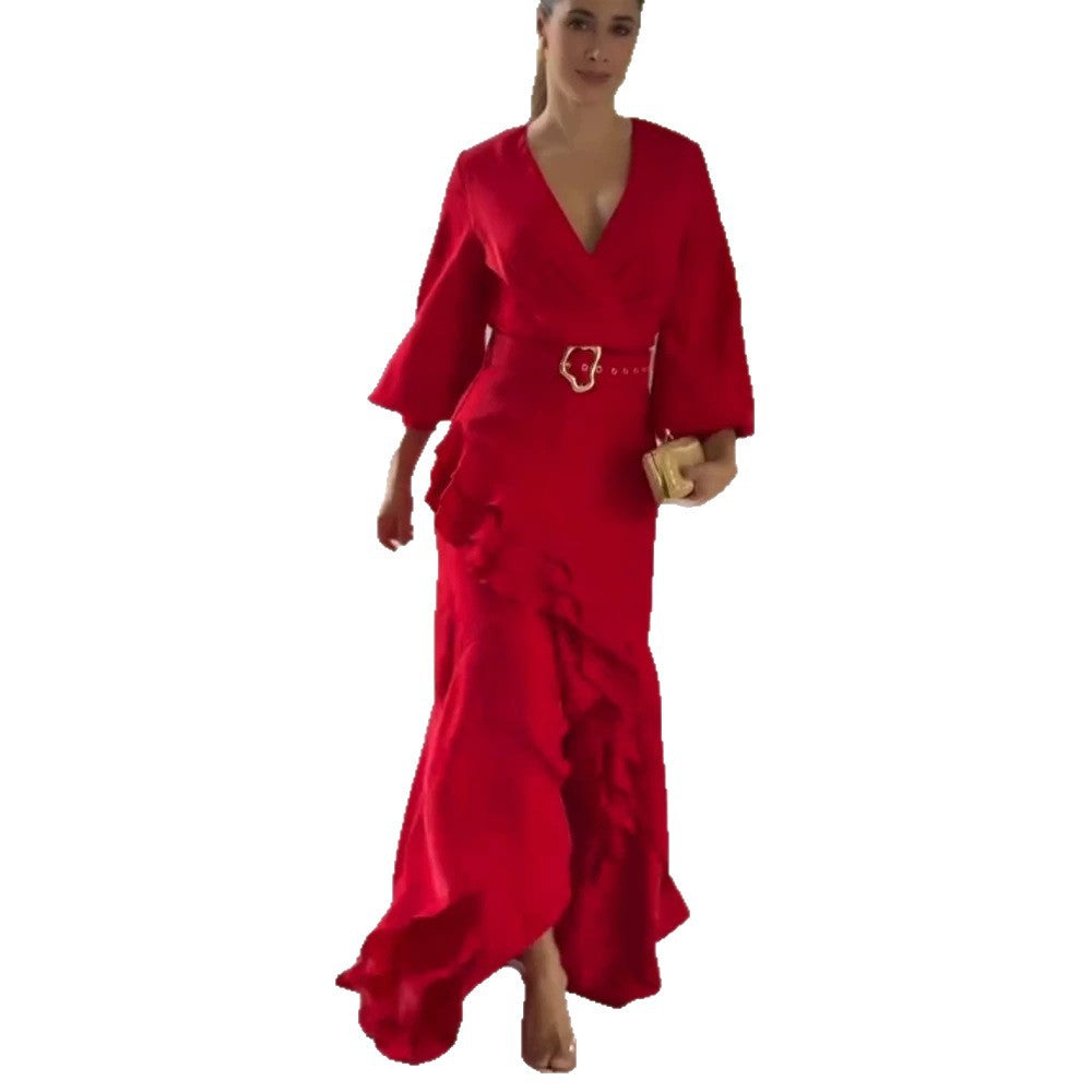 Damen Elegantes Wickel-Maxikleid mit Volants, tailliertem Gürtel & weitem Glockenärmel Echoarchiv