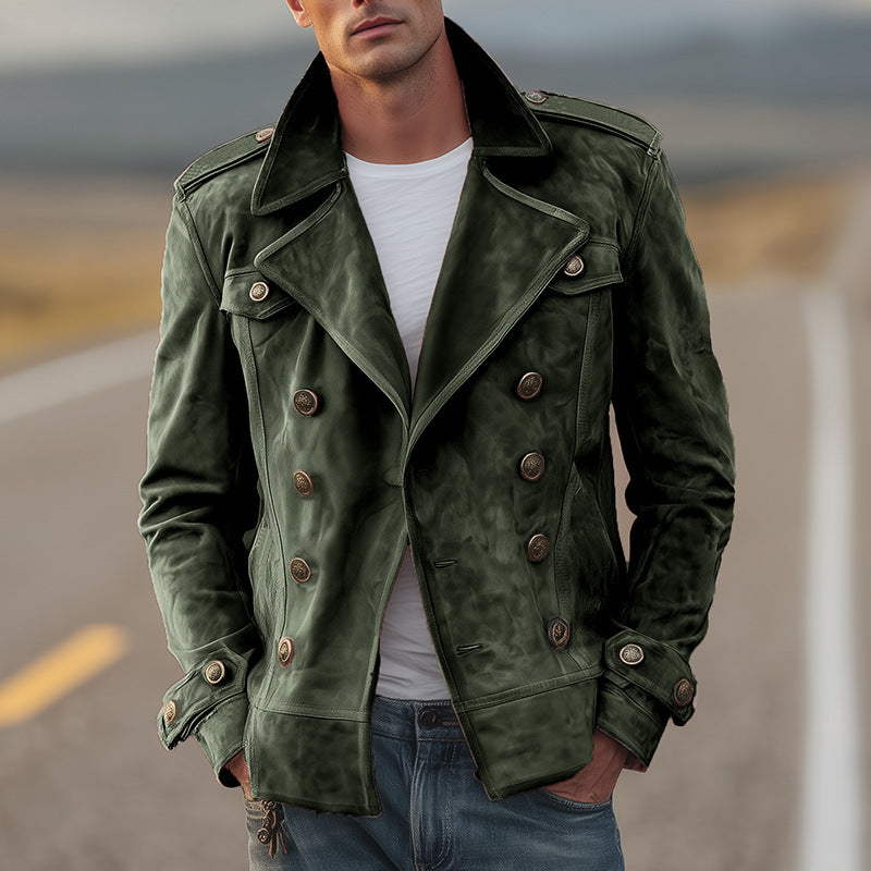 Herren Doppelreihige Wildlederjacke im Aviator‑Stil mit Epauletten Echoarchiv