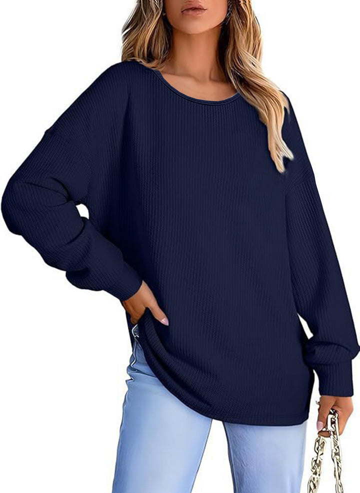 Damen Oversize Waffelstrickpullover mit Rundhals, Ballonärmeln und verlängertem Saum Echoarchiv