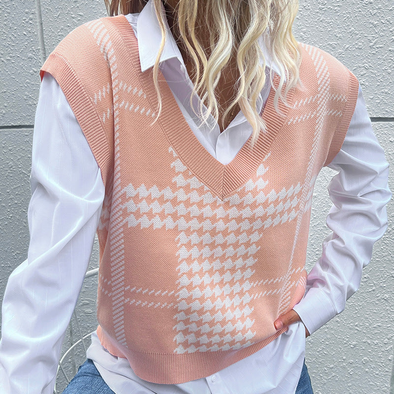 Damen Oversize-Strickweste mit V-Ausschnitt und Hahnentritt-Muster Echoarchiv