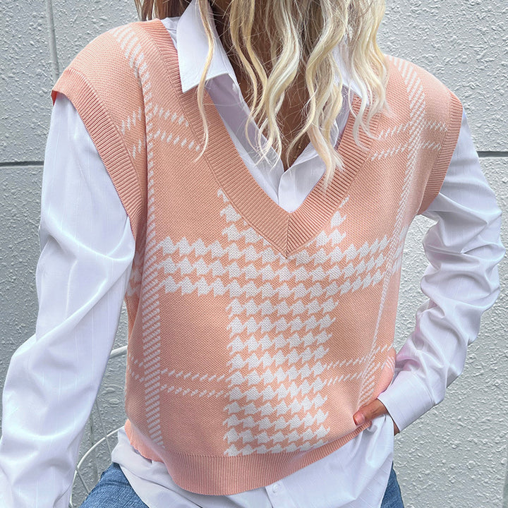 Damen Oversize-Strickweste mit V-Ausschnitt und Hahnentritt-Muster Echoarchiv