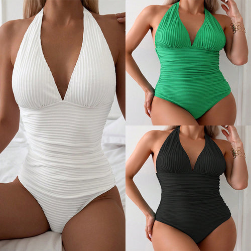 Damen Einteiliger Badeanzug mit gerafftem Design und tiefem V-Ausschnitt Echo Archiv