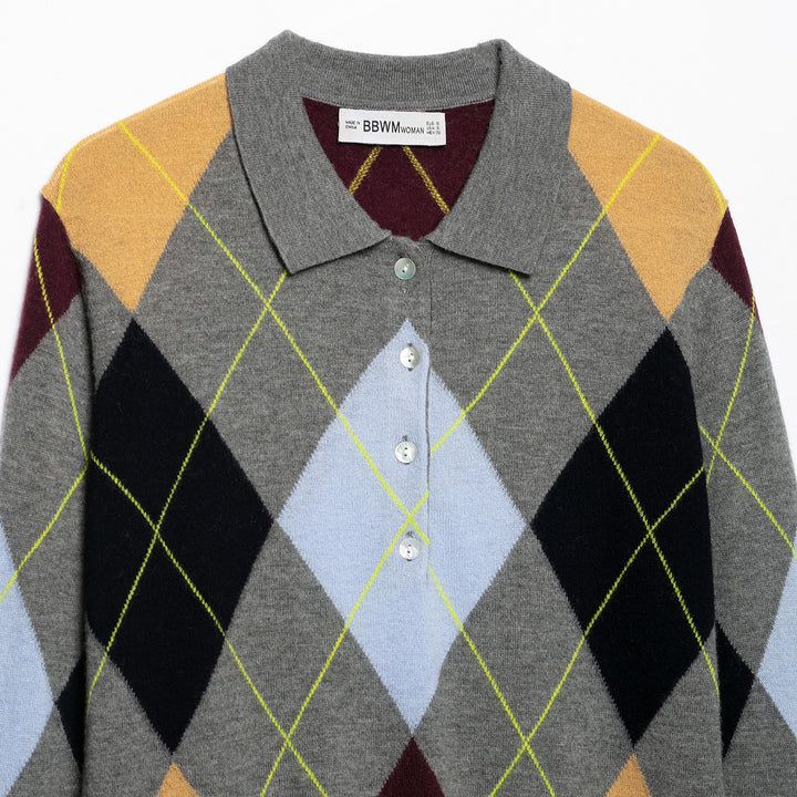 Damen Strickpoloshirt mit Rautenmuster und Knopfleiste Echoarchiv