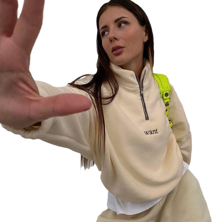 Damen Fleece-Halbzip-Sweatshirt oversized mit Stehkragen, Kängurutasche-Optik und elastischen Bündchen Echoarchiv