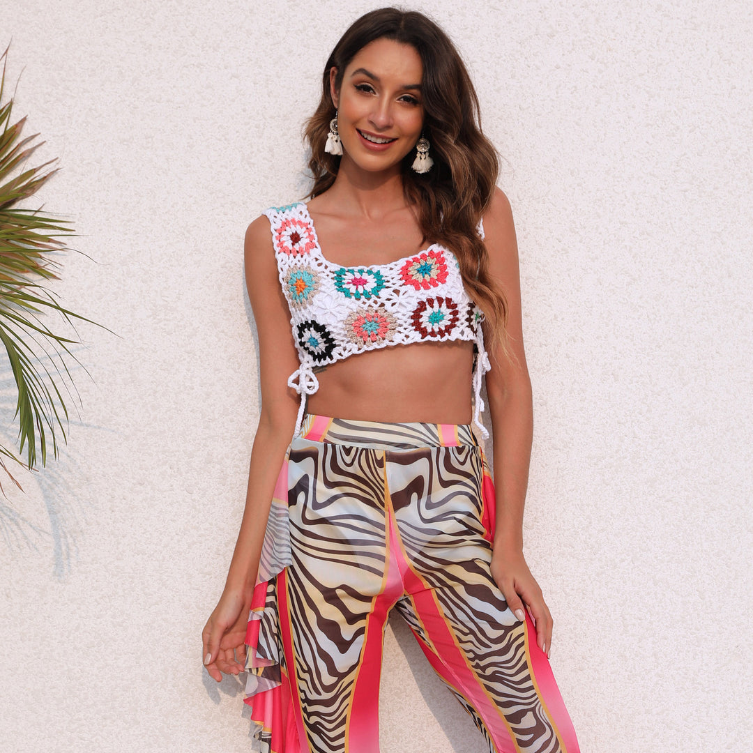 Damen gehäkeltes Crop-Top mit bunten Blumenmotiven Echo Archiv