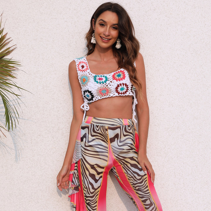 Damen gehäkeltes Crop-Top mit bunten Blumenmotiven Echo Archiv