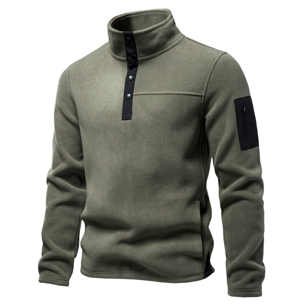 Herren Fleecepullover mit Stehkragen Druckknopf-Leiste und Ärmeltasche Echoarchiv