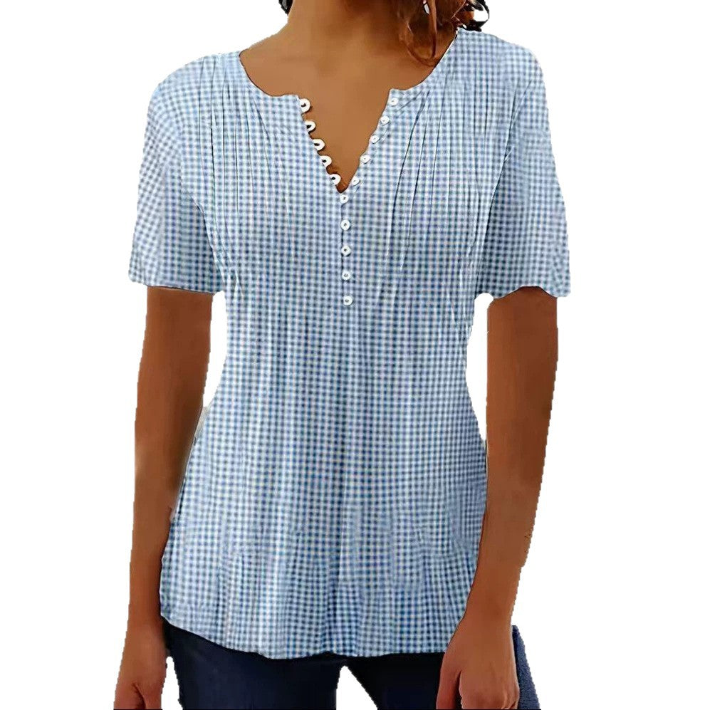 Damen nan leichte Karobluse mit V-Ausschnitt, Zierknopfleiste und Stufenvolant Echo Archiv