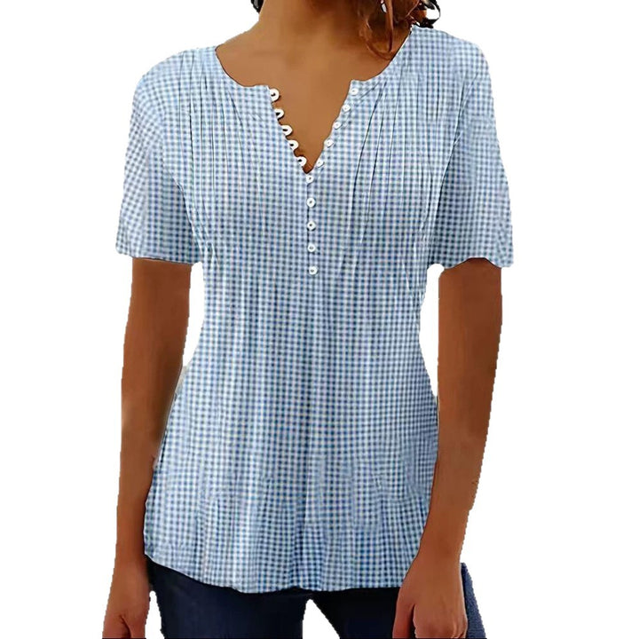 Damen nan leichte Karobluse mit V-Ausschnitt, Zierknopfleiste und Stufenvolant Echo Archiv