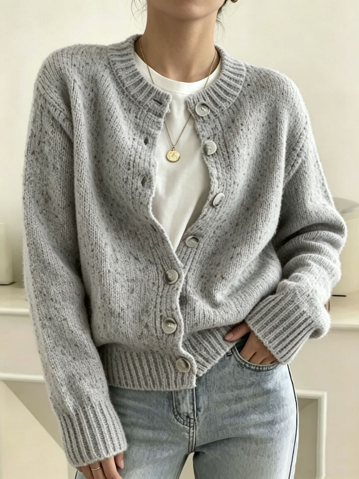 Damen Grobgestrickter Kurzcardigan mit Rundhalsausschnitt und meliertem Tweed-Effekt – Veloura