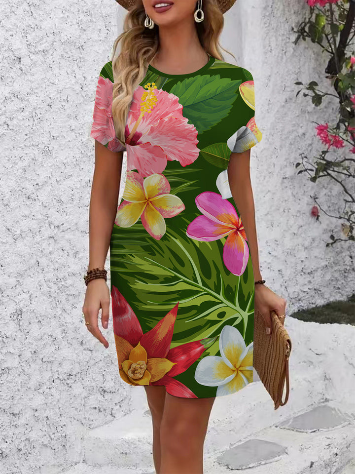 Damen lässiges T-Shirt Kleid mit buntem Blumenmuster und bequemem Schnitt Echo Archiv