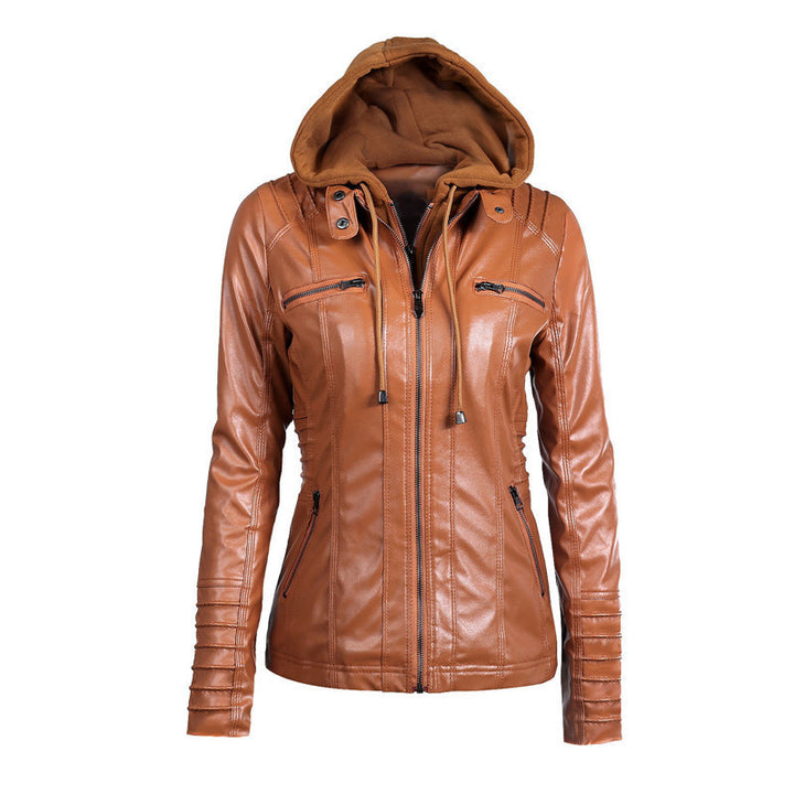 Damen Slim-Fit Kunstlederjacke mit Kapuze, Steppärmeln und Reißverschlusstaschen Echoarchiv