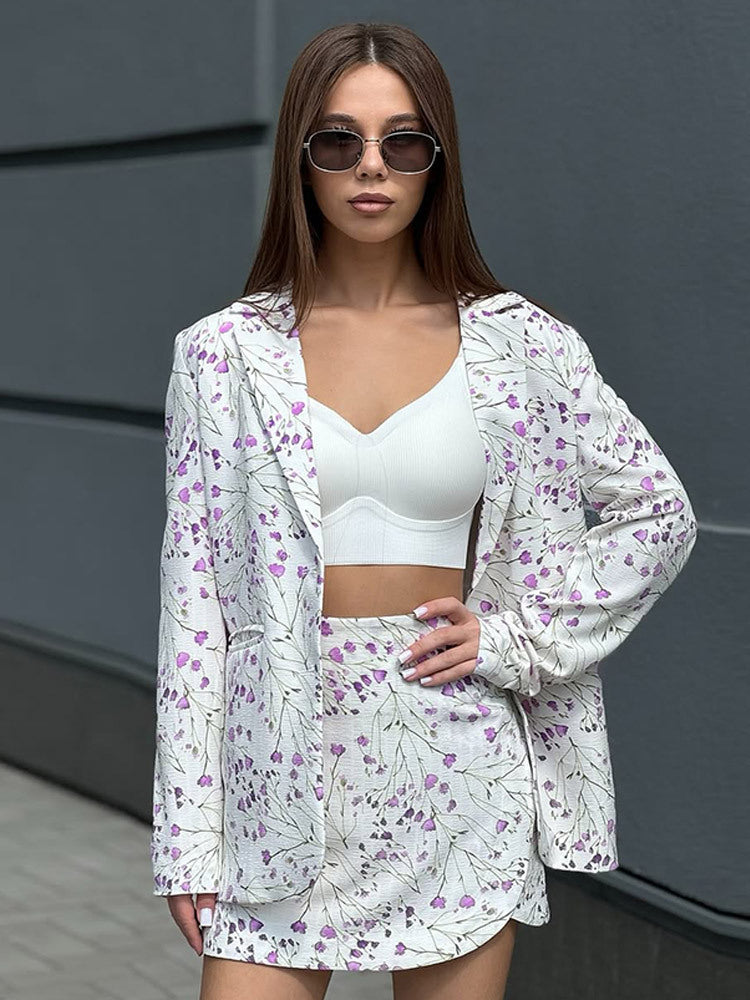 Damen Florales Blazer- und Minirock-Set aus strukturierter Baumwollmischung Echoarchiv