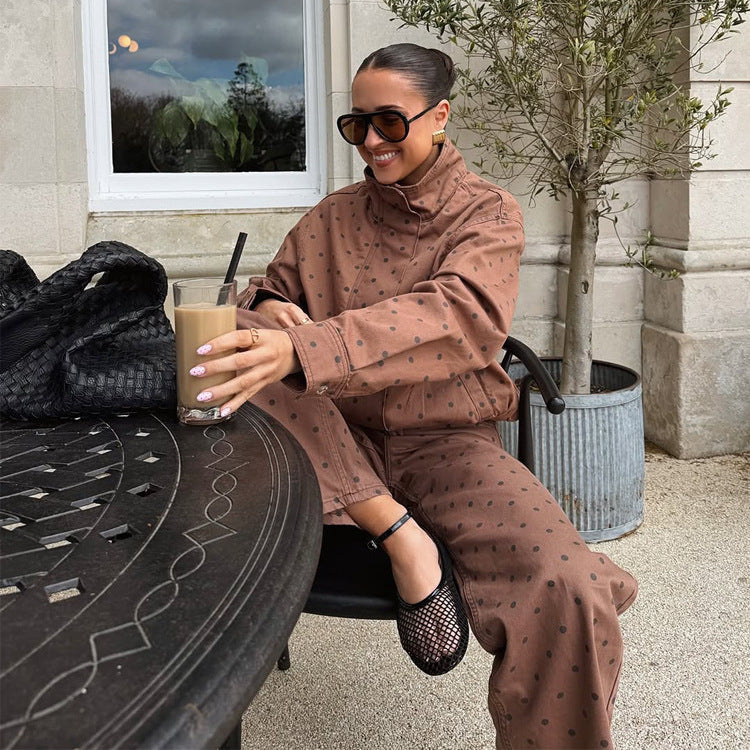 Damen Zweiteiliges Polka-Dot Loungewear-Set aus Baumwollmix mit Boxy-Jacke und hochtaillierter Weitbein-Hose Echoarchiv