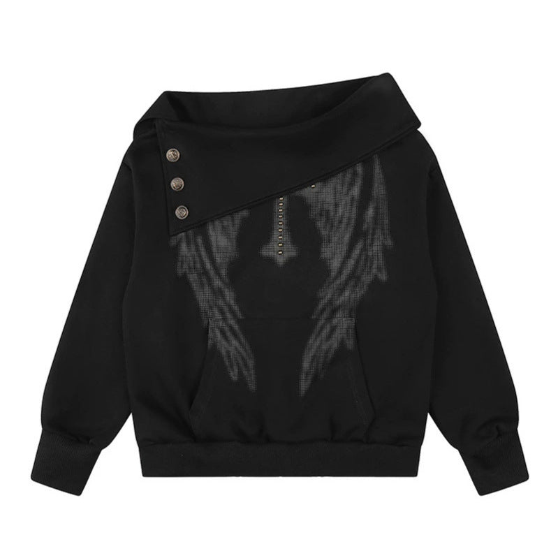 Damen Asymmetrisches Sweatshirt mit weitem Schalkragen, Zierknopfleiste und Perlenapplikation Echoarchiv