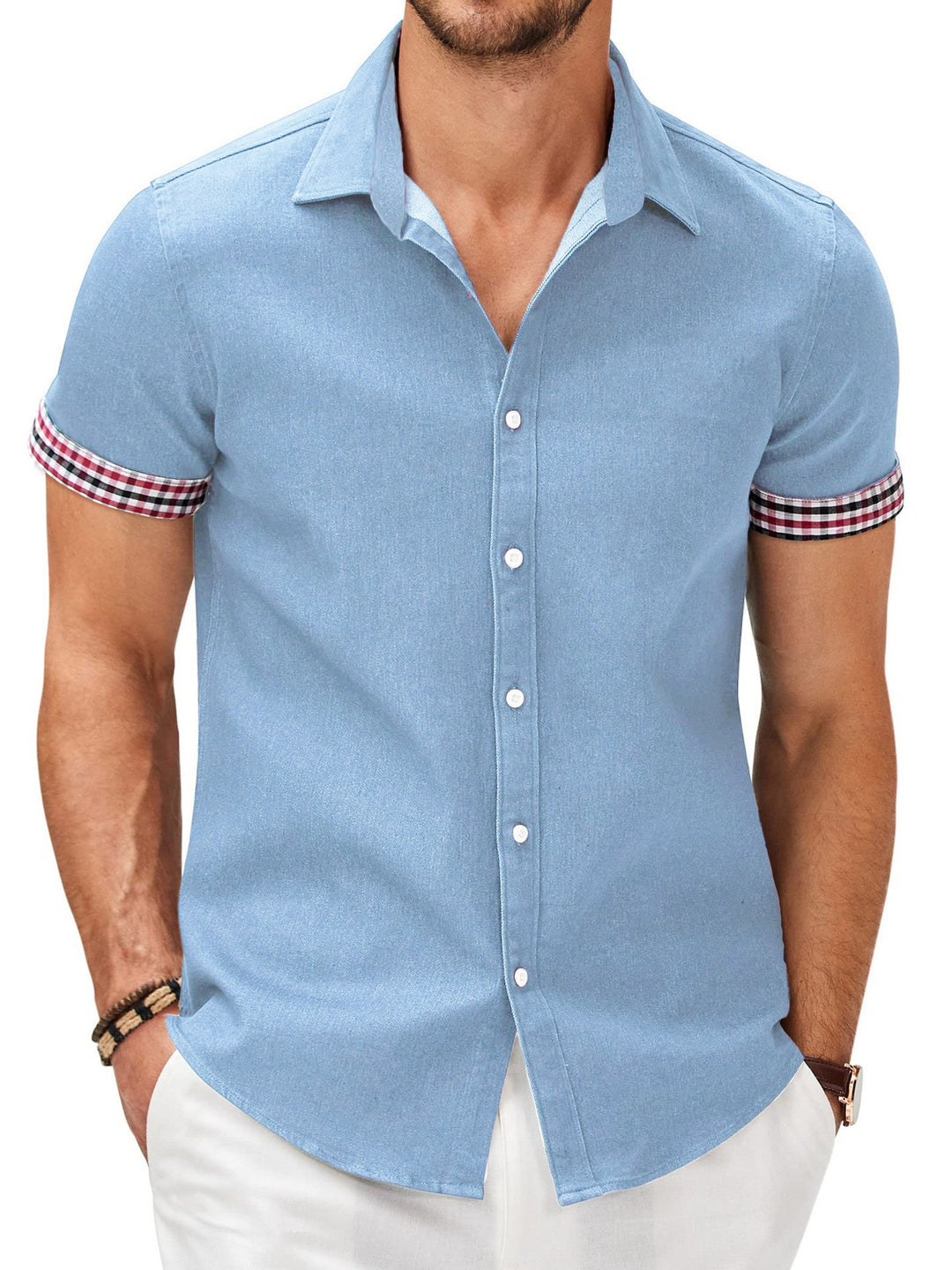 Herren Kurzarmhemd mit modernem Denim-Look und stylischem Karo-Muster Echoarchiv