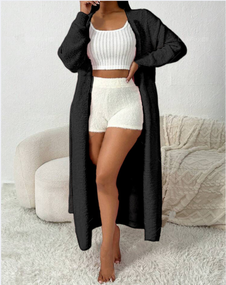 Damen Langer Wickel-Cardigan in Flausch-Optik mit Bindegürtel – Veloura