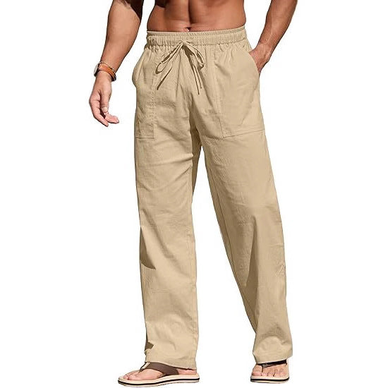 Herren nan leichte Leinenhose mit elastischem Bund, Kordelzug und aufgesetzten Taschen Echo Archiv