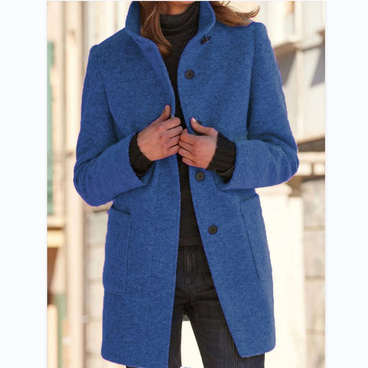 Damen Midilanger Wollmix-Mantel mit Stehkragen und aufgesetzten Taschen – Montévia