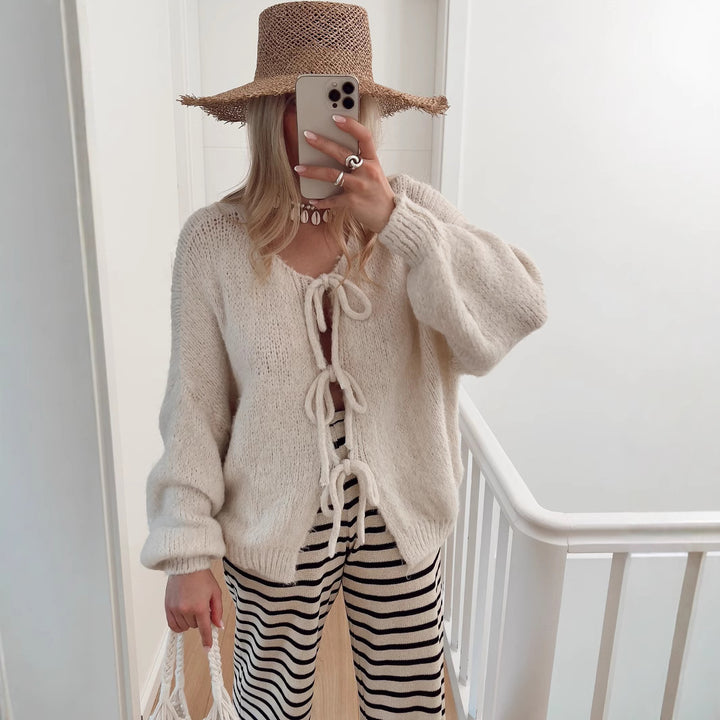 Damen Grobgestrickter Offener Cardigan mit Bindebändern, Oversize‑Silhouette und Raglanärmeln – Veloura