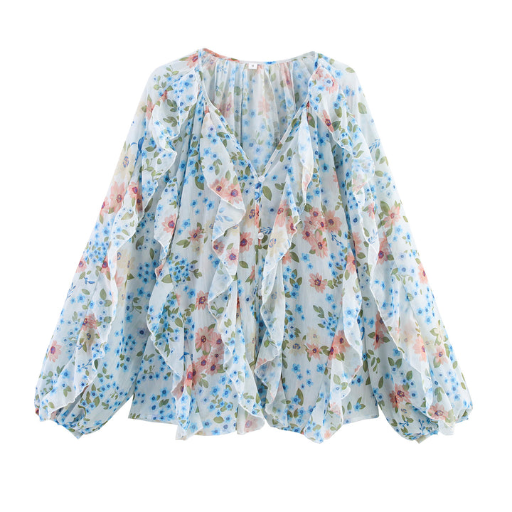 Damen nan feminine Chiffon-Volantbluse mit Ballonärmeln und V-Ausschnitt Echo Archiv