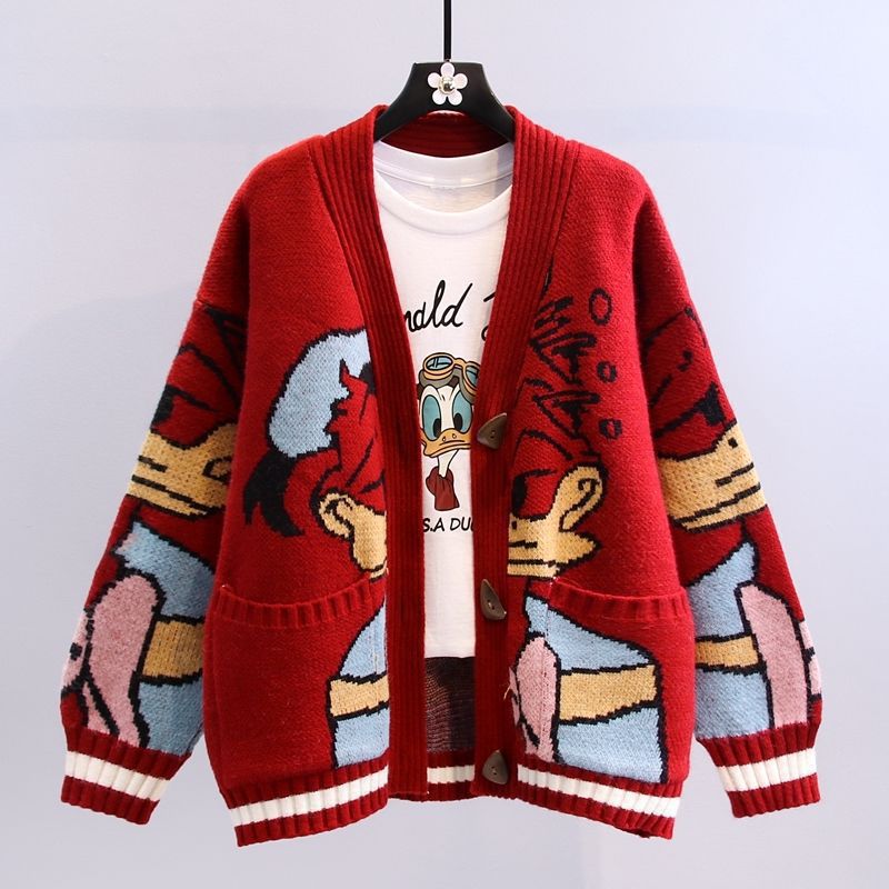 Damen Cartoon-Design Strickjacke mit breiten Ärmeln und Taschen Echoarchiv