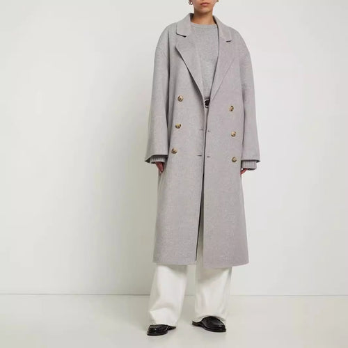 Damen Oversize Zweireihiger Longcoat mit fallender Schultersilhouette und goldenen Zierknöpfen Echoarchiv