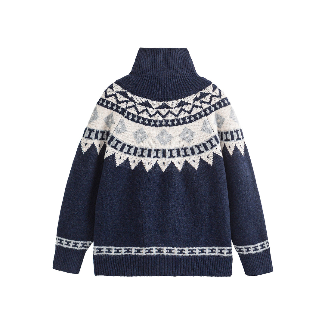 Damen Norwegermuster Strickcardigan mit hohem Stehkragen und Knebelverschlüssen Echoarchiv