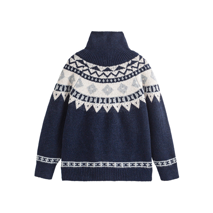 Damen Norwegermuster Strickcardigan mit hohem Stehkragen und Knebelverschlüssen Echoarchiv
