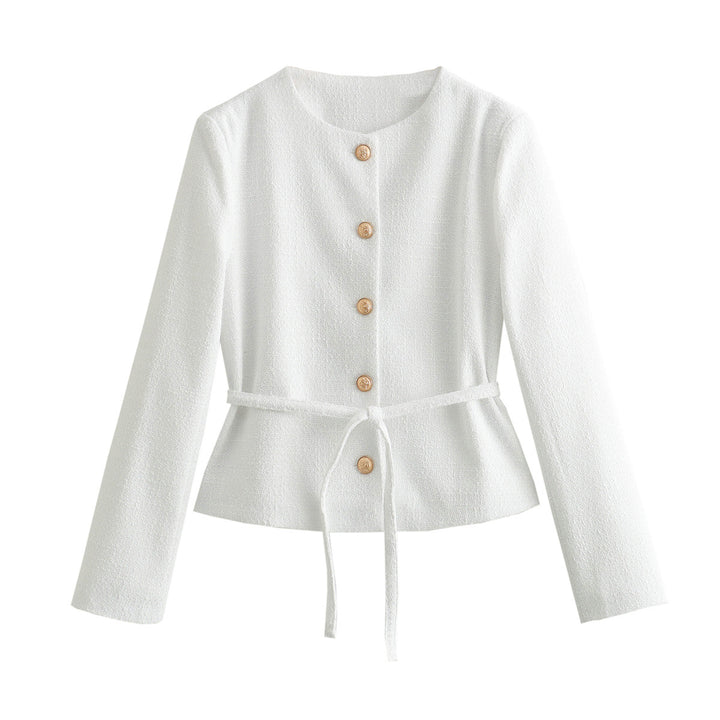 Damen nan taillierte Bouclé-Jacke mit Bindegürtel und goldfarbenen Zierknöpfen Echo Archiv