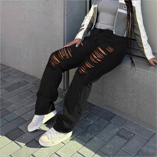 Damen hochgeschnittene weite Denim-Jeans mit ausgeprägten Ripped-Details und lässigem Schnitt Echo Archiv