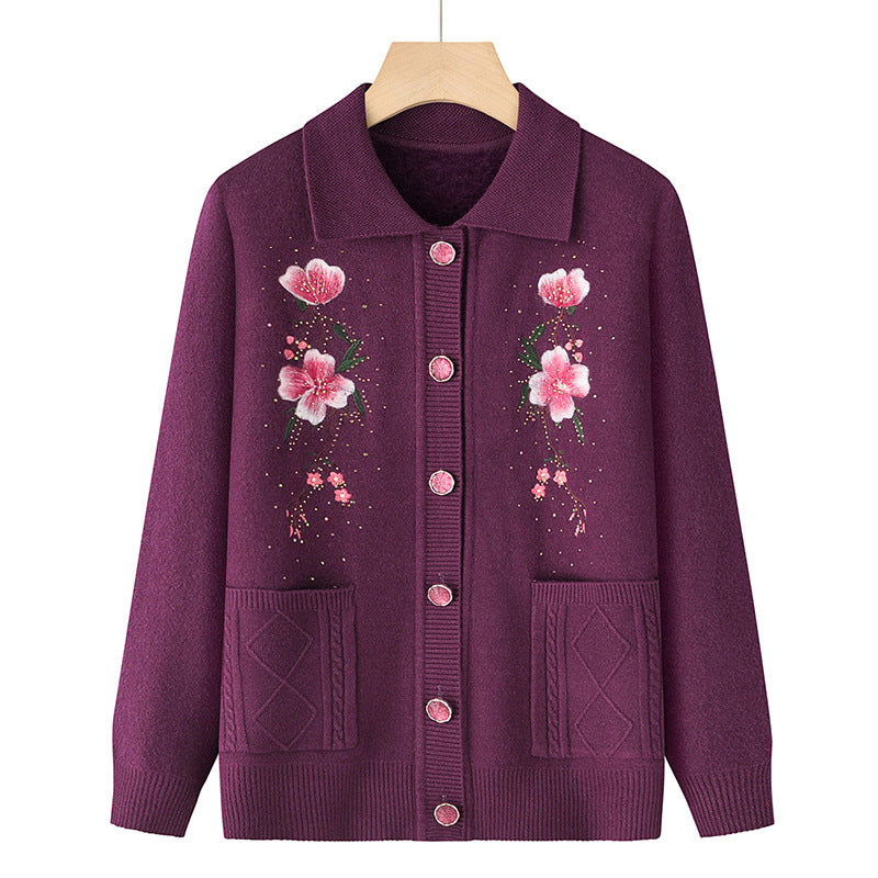 Damen bestickte Strickjacke mit Hemdkragen, Eingrifftaschen und floraler Stickerei – Veloura