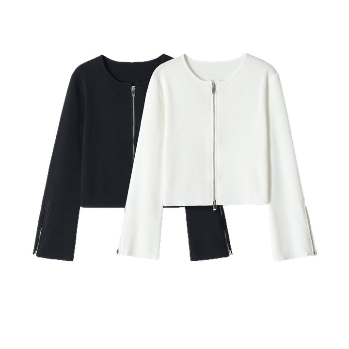 Damen Kurzgeschnittene Feinstrick-Jacke mit Zwei-Wege-Reißverschluss und Ärmelzipper Echoarchiv