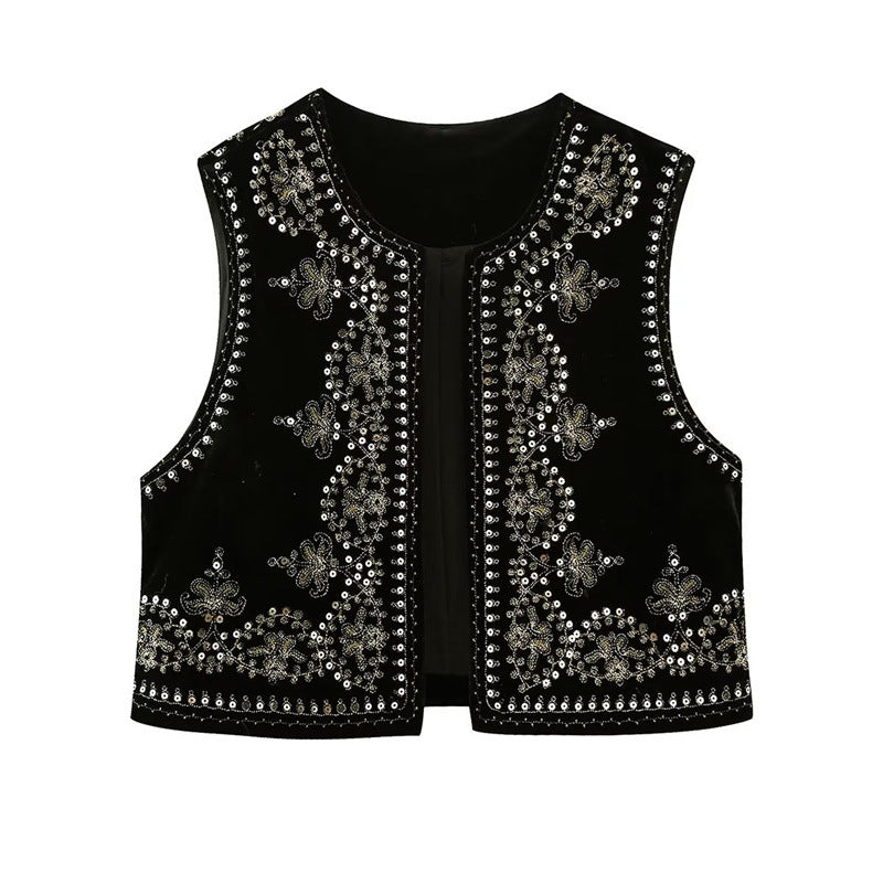 Damen Bestickte Samt-Cropped-Weste mit Perlen- und Paillettenbesatz Echoarchiv
