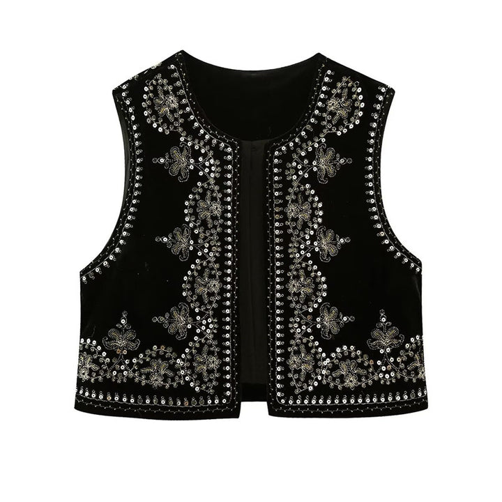 Damen Bestickte Samt-Cropped-Weste mit Perlen- und Paillettenbesatz Echoarchiv