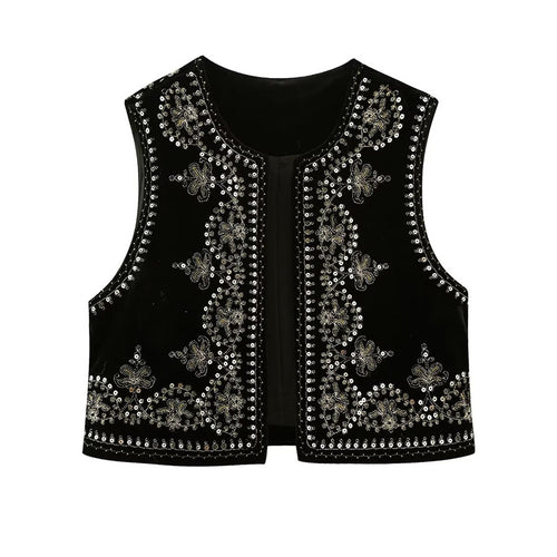 Damen Bestickte Samt-Cropped-Weste mit Perlen- und Paillettenbesatz Echoarchiv