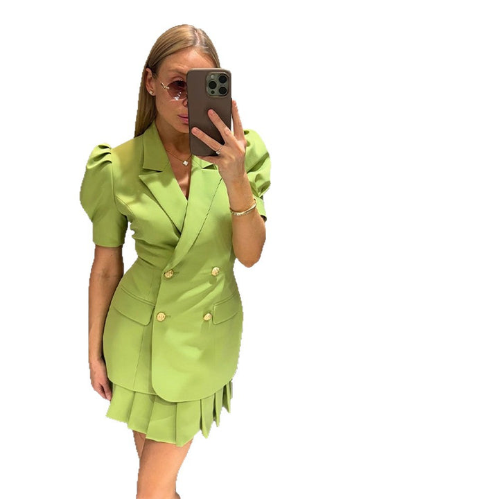 Damen Doppelreihiges Blazerkleid mit Puffärmeln und plissiertem Saum Echoarchiv