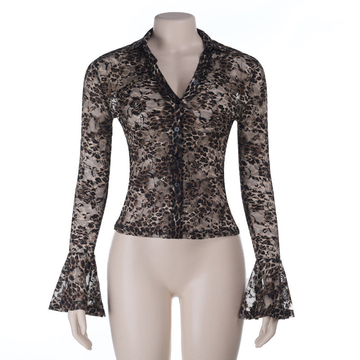 Damen Transparente Spitzenbluse mit Glockenärmeln Echo Archiv