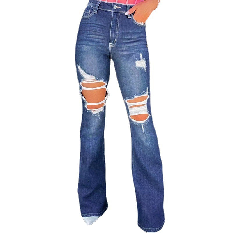 Damen nan Highwaist-Jeans mit ausgestelltem Bein und starkem Distressing an den Knien Echo Archiv
