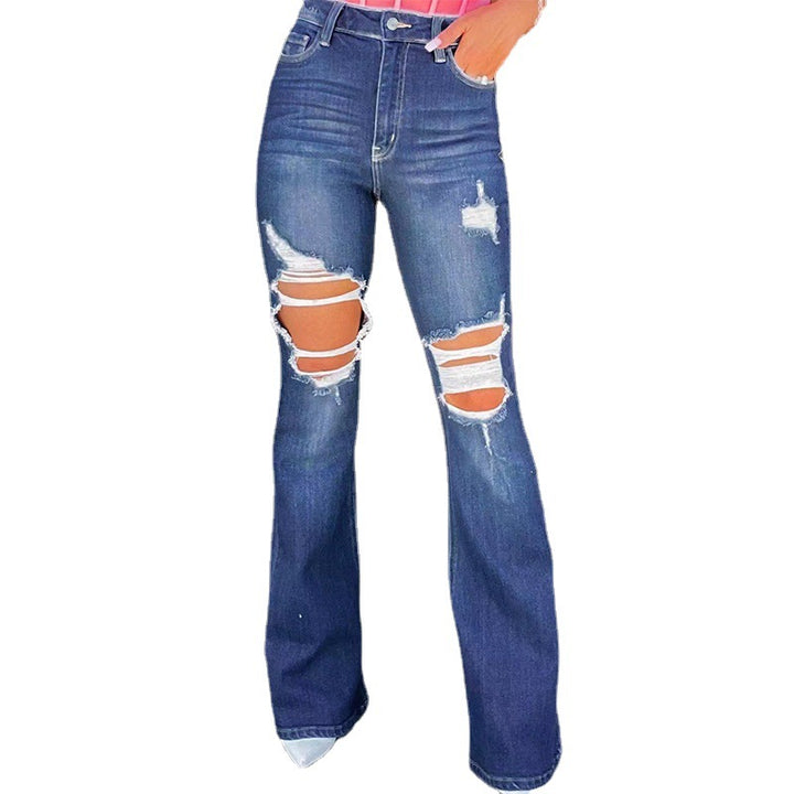 Damen nan Highwaist-Jeans mit ausgestelltem Bein und starkem Distressing an den Knien Echo Archiv