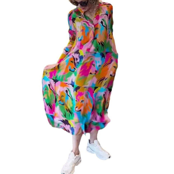 Damen nan Hemdblusen-Maxikleid mit Pop‑Art-Löwenprint, Knopfleiste und Eingrifftaschen Echo Archiv