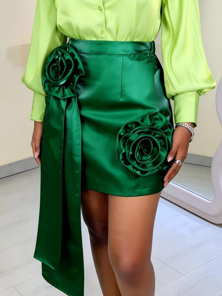 Damen Satinrock mit floralem Rüschen-Design und taillierter Schleife Echo Archiv