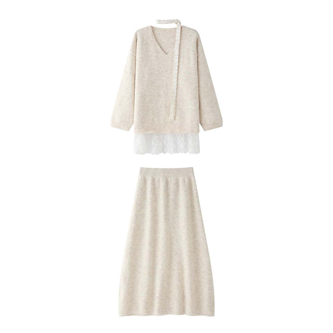 Damen Langer Flauschiger V‑Ausschnitt Mohair‑Optik Pullover mit Spitzenbesatz Echoarchiv