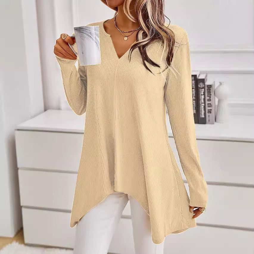 Damen Ripp Longsleeve Tunika mit V-Ausschnitt und asymmetrischem Haifischsaum Echoarchiv
