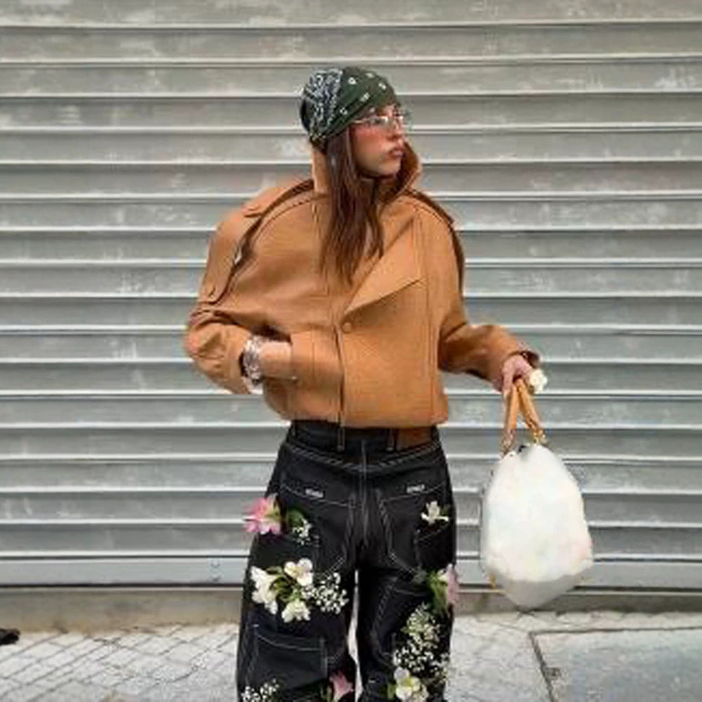 Damen Cropped Oversize-Jacke aus strukturiertem Kunstleder mit hohem Stehkragen Echoarchiv